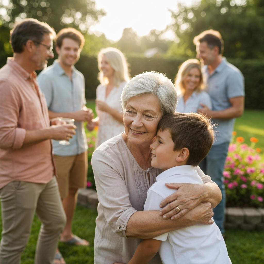 A family gathering in a sun-drenched backyard. An older woman is hugging a young boy, both are smiling warmly. The scene is shot with shallow depth of field.