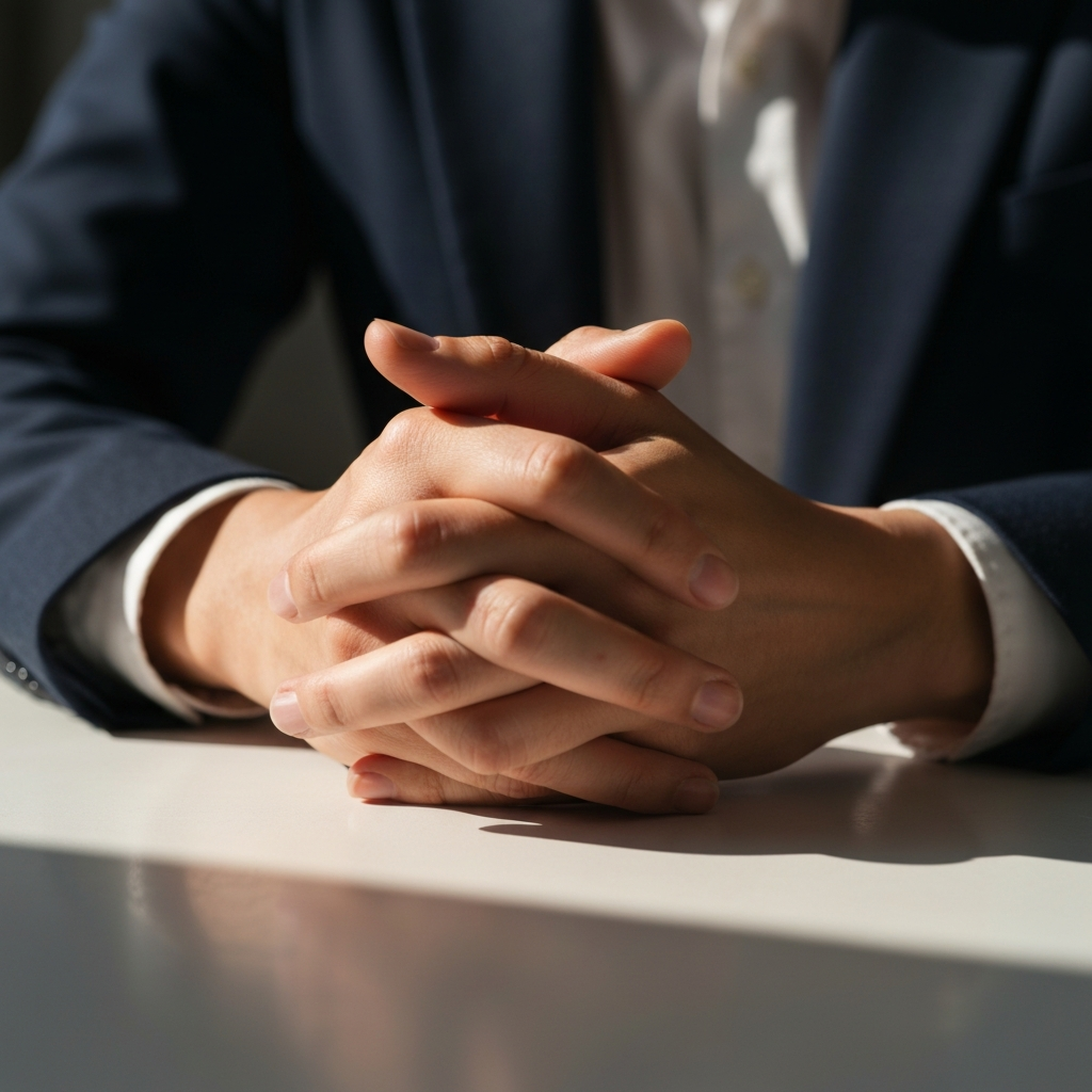 Close-up of two hands intertwined on a table, bathed in soft, warm light. The focus is on the texture of the skin and the subtle interweaving of fingers.