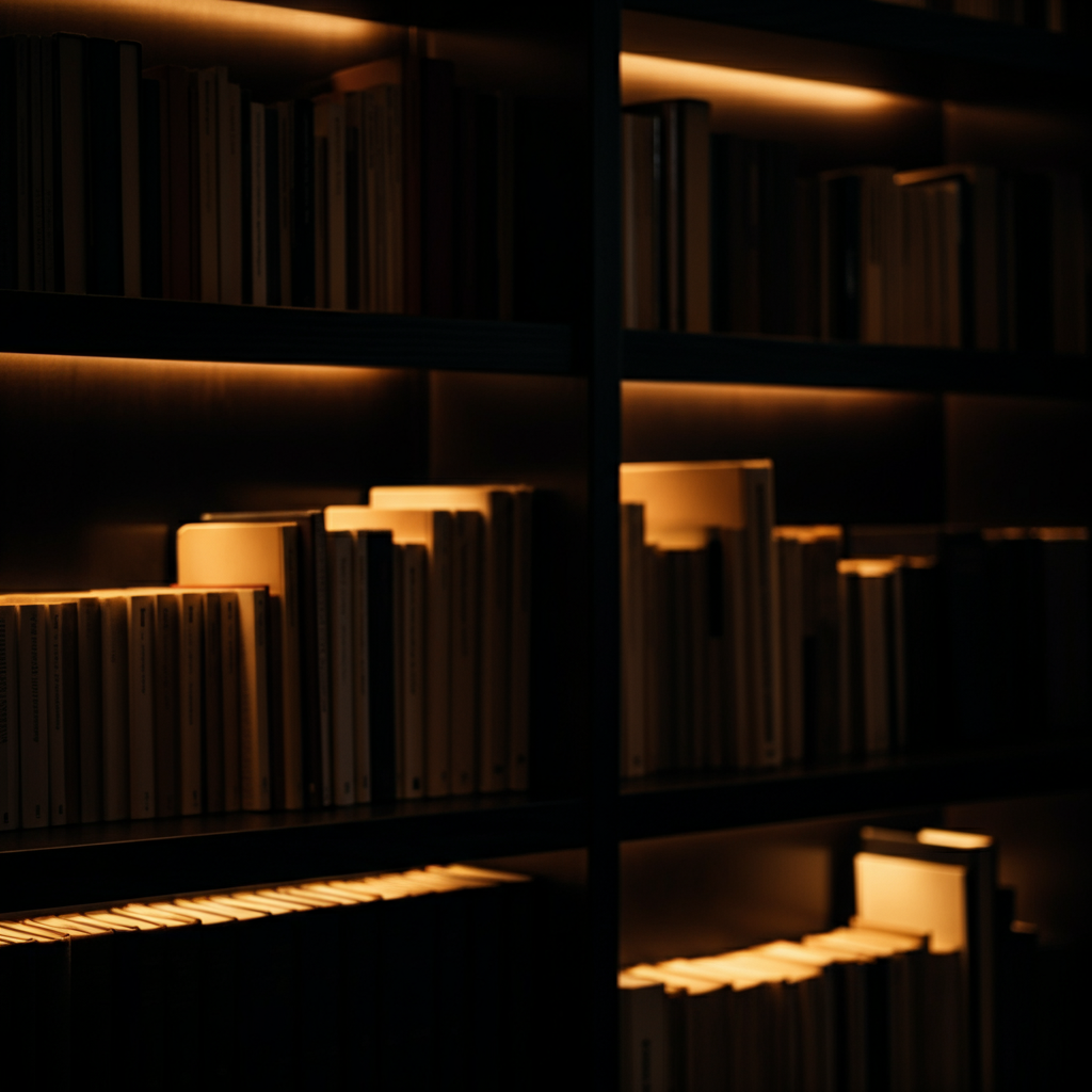 A dimly lit living room, focusing on a bookshelf filled with well-worn books. Soft bokeh in the background suggests a warm, inviting atmosphere.
