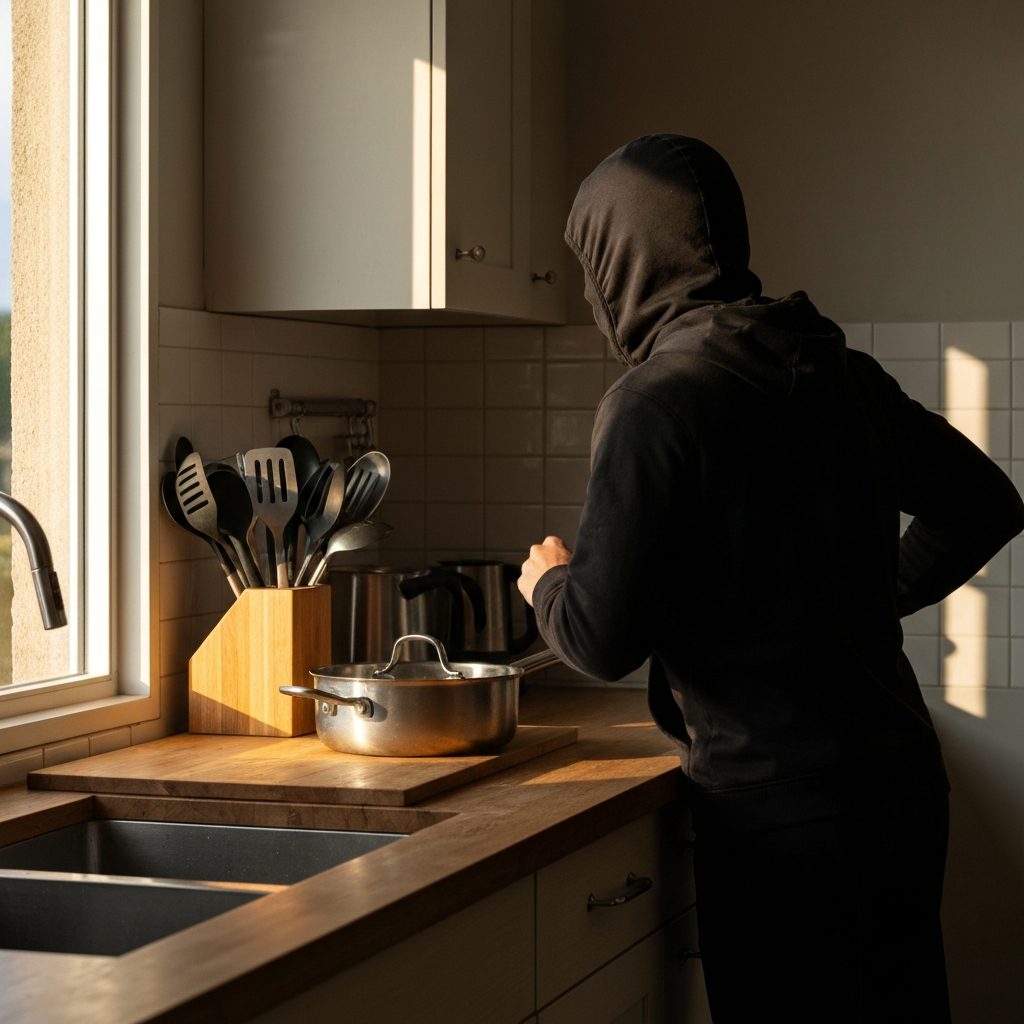 A side-lit kitchen counter with various cooking utensils neatly arranged. Natural light streams in from a nearby window, highlighting the textures of wood and metal.