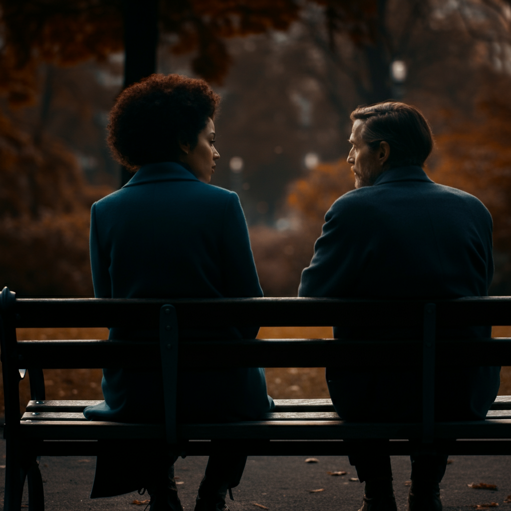 Two people sitting on a park bench facing each other, engaged in deep conversation. The background is blurred, emphasizing the intimacy of the moment.