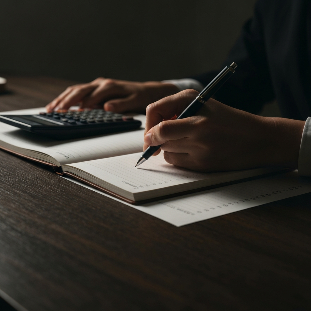 Close-up of a hand writing numbers in a notebook, with a calculator and pen nearby on a dark wooden desk. Soft side lighting creates subtle shadows on the textured paper.
