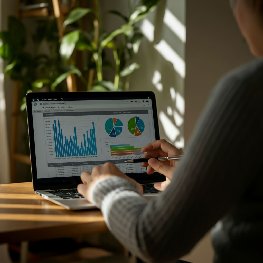 A person sitting at a laptop in a sun-drenched home office, reviewing a spreadsheet with charts and graphs displayed on the screen. Soft bokeh in the background shows plants and a bookshelf.