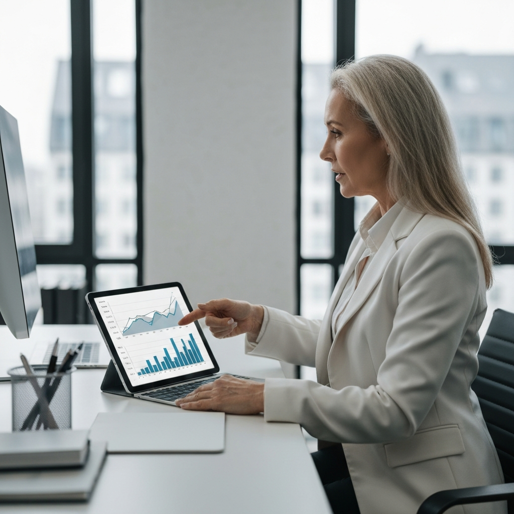 A mature professional woman in a crisp blazer, seated at a desk in a modern office, gesturing towards a tablet displaying investment performance charts. Natural light floods the office.