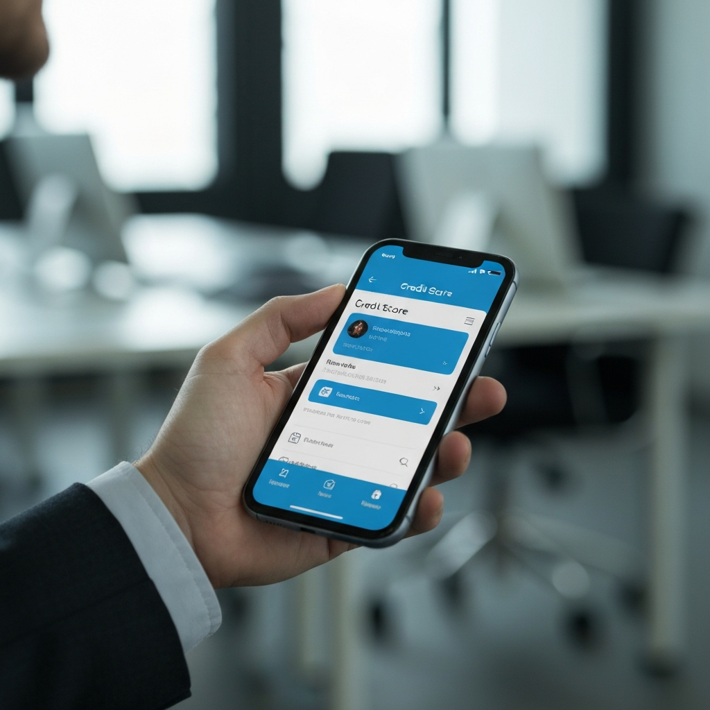 A hand holding a smartphone, displaying a credit score app. Soft focus on the background with subtle office environment.