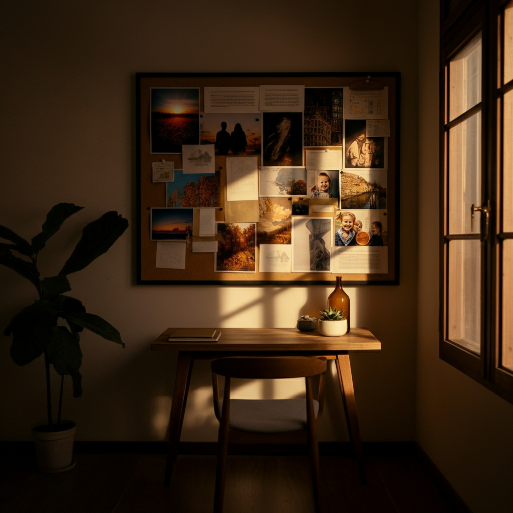 A vision board with various images representing financial goals like a house, a family, and retirement savings. Warm, diffused light creates a sense of hope and aspiration.