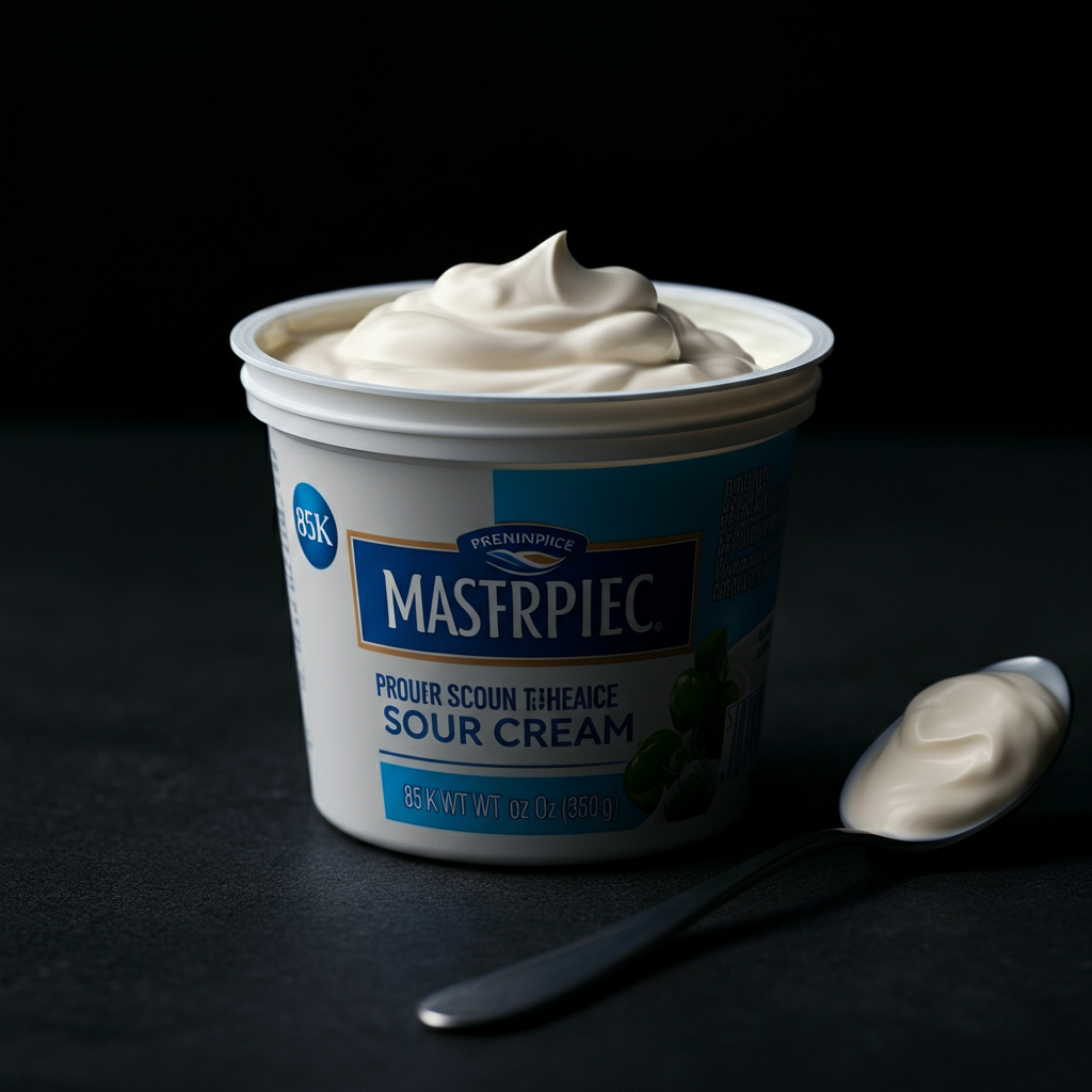 Close-up shot of a container of sour cream under soft, diffused lighting. Focus is on the texture and color of the sour cream, highlighting subtle variations. A clean spoon rests beside the container, ready to be used.