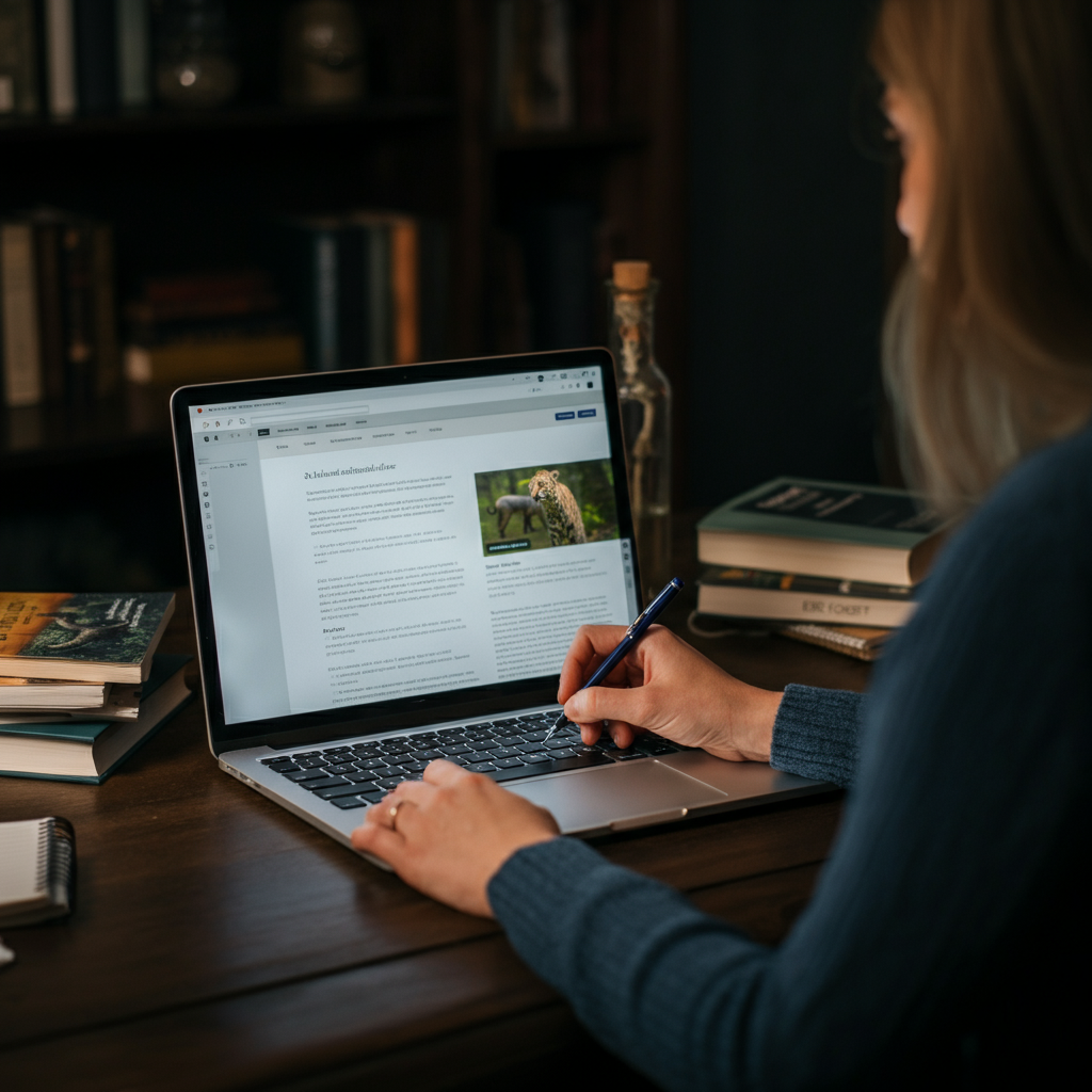 A laptop screen displaying a webpage with information about a specific animal species, surrounded by books and notebooks related to zoology and animal behavior. The screen is well-lit and the text is clear, allowing the viewer to see the details of the research being conducted.