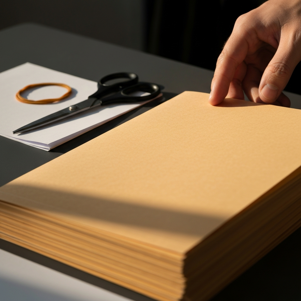 Close-up shot of a hand selecting a clean manila file folder from a stack. Soft golden hour lighting highlights the texture of the folder. Scissors, a rubber band, and a piece of white printer paper are arranged neatly in the background, slightly out of focus.