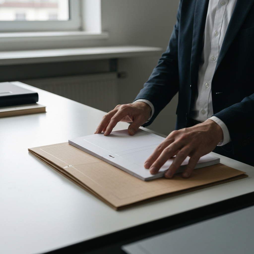 Medium shot of hands folding a file folder in half on a clean, well-lit workbench. The hands are precisely aligning the edges before creasing the fold. Soft, diffused light from above illuminates the workspace.