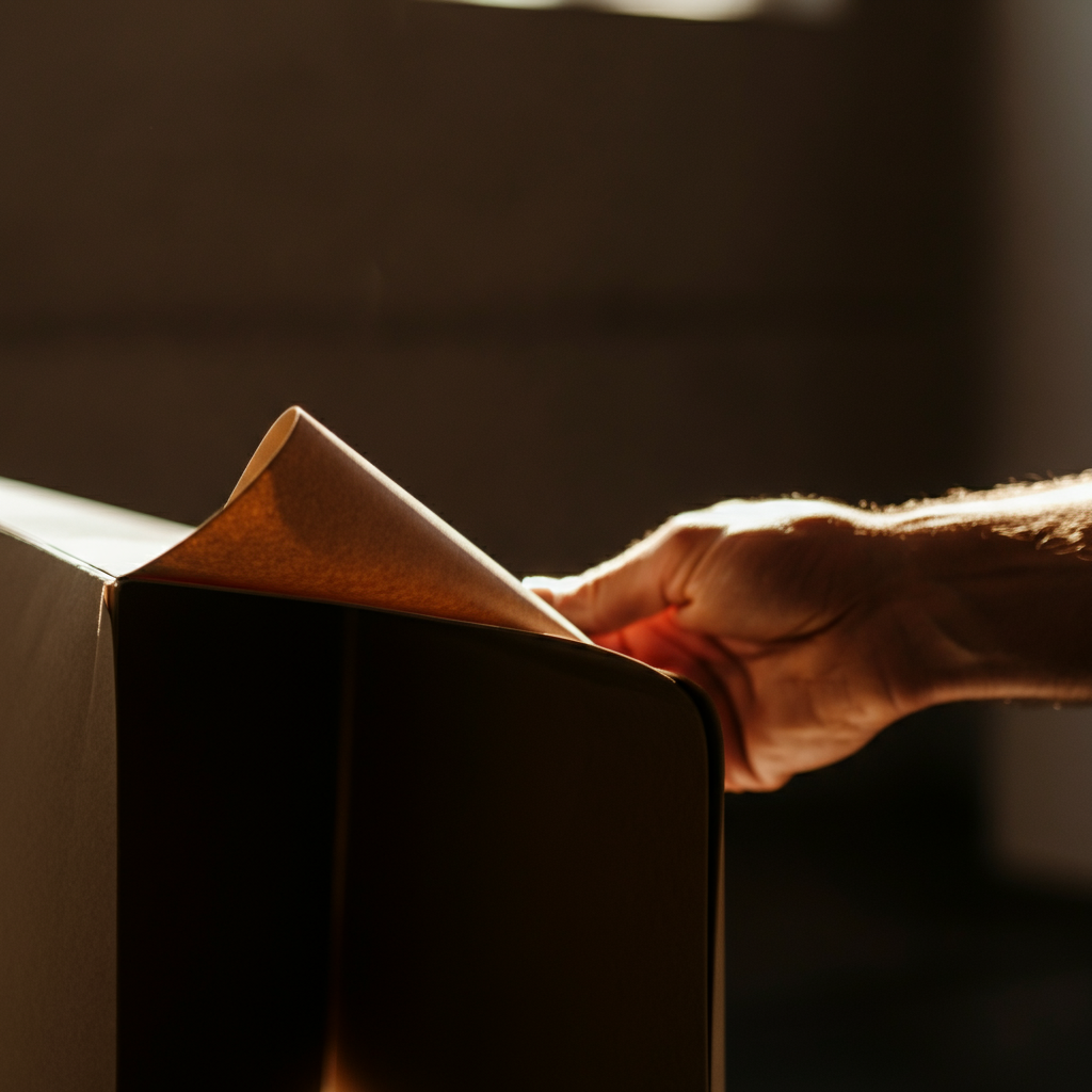Close-up, side-lit shot of hands folding the edge of the file folder towards the center crease. The texture of the paper is visible under the even, natural light. A slight bokeh effect blurs the background.