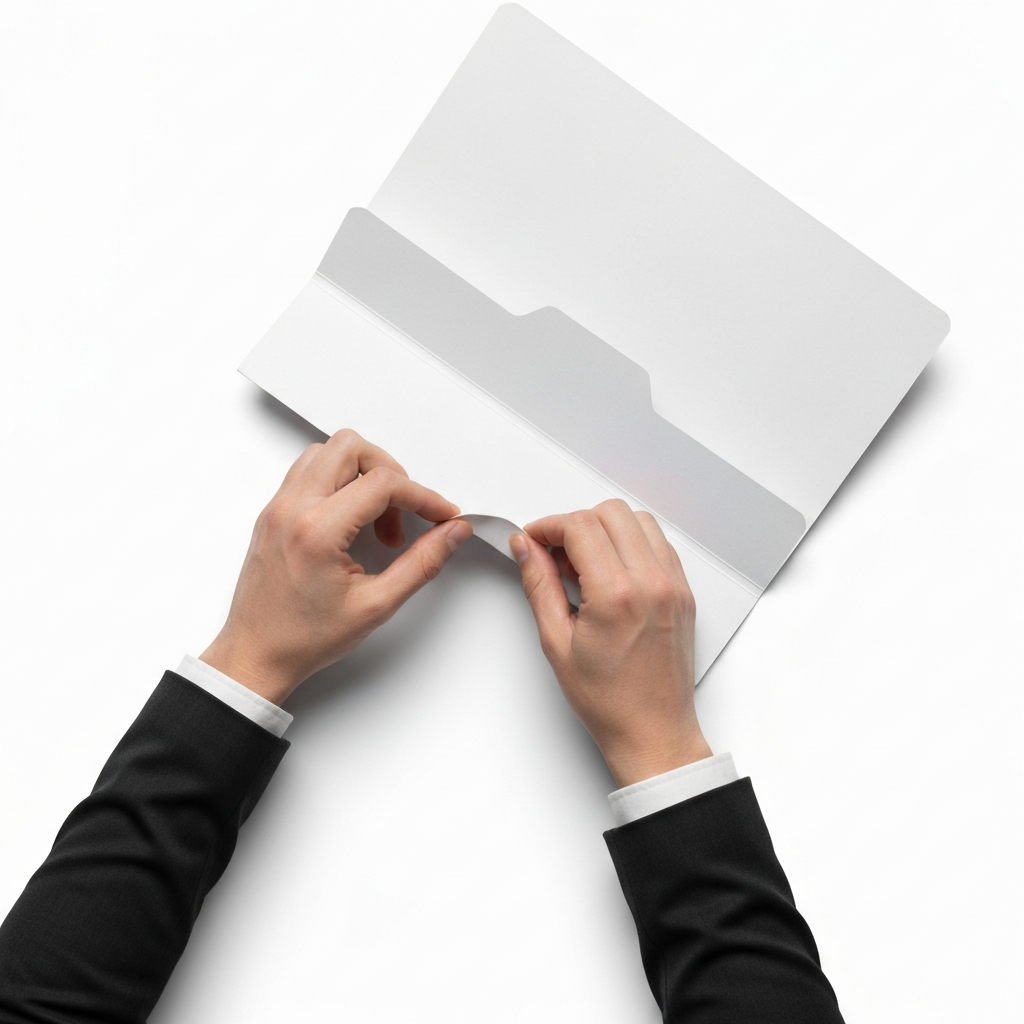 Overhead shot of the half-folded file folder. Hands are shown folding down the last fold, carefully aligning with the existing crease. The lighting is bright and even, casting minimal shadows.