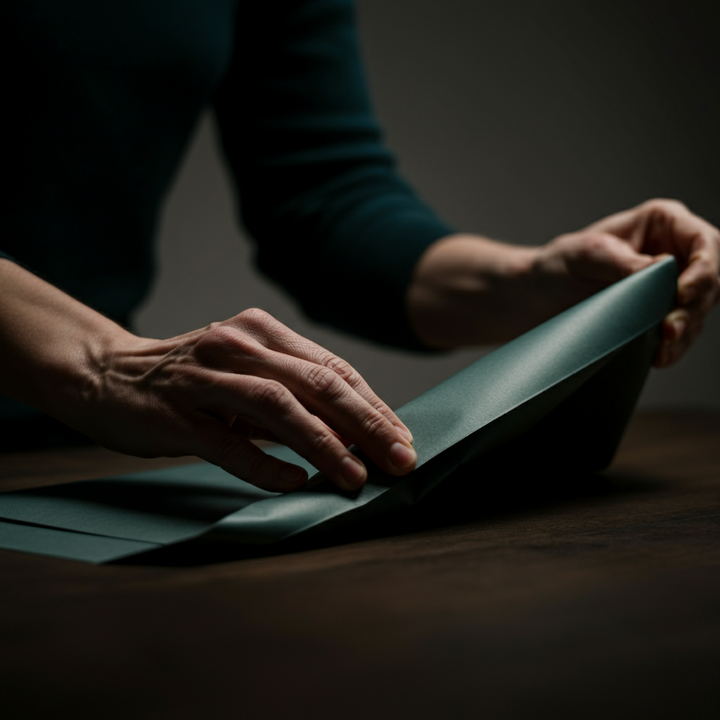 Slightly angled shot showing hands repeating the folding process on the second half of the file folder. The existing folds are clearly visible. Soft, natural light bathes the scene.