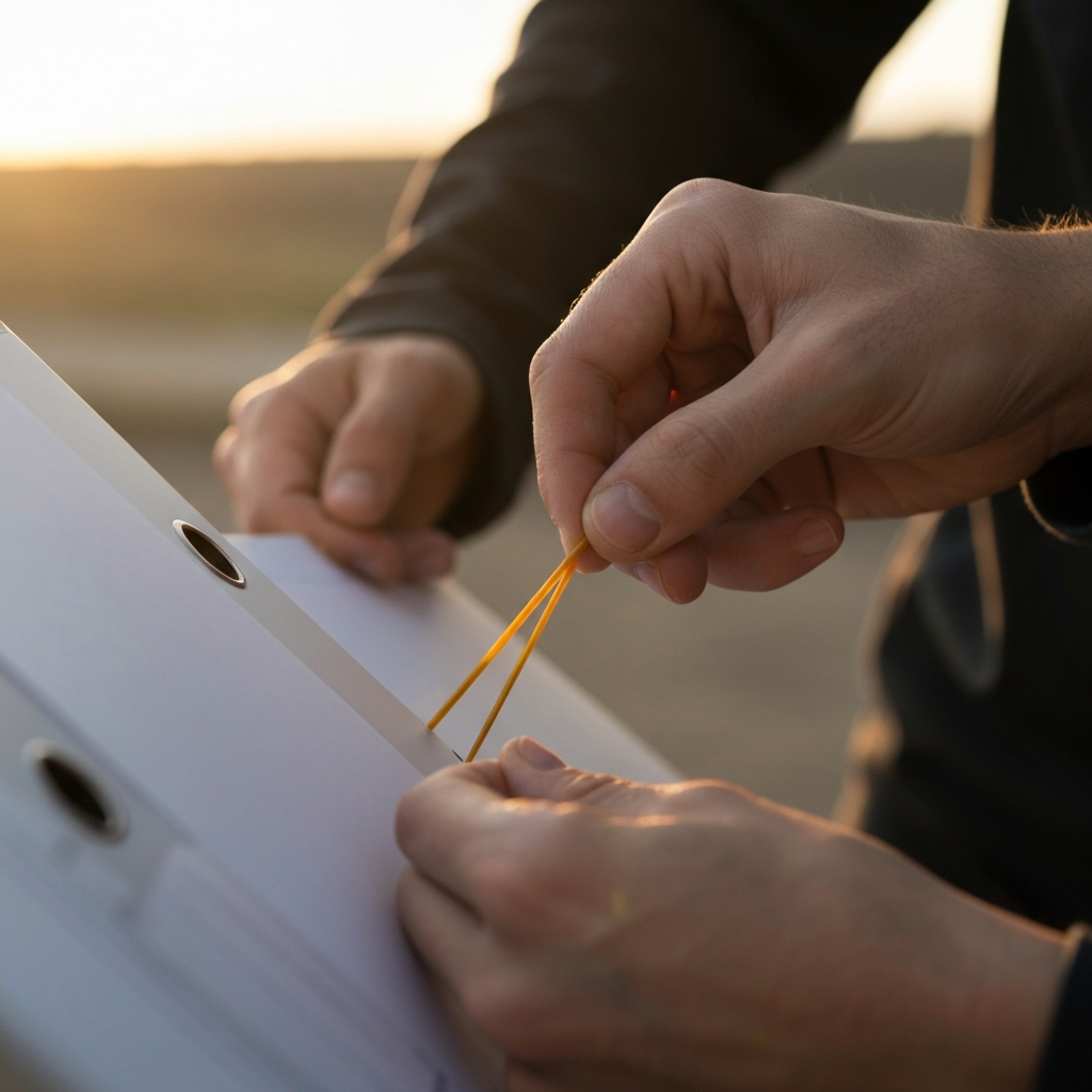 Medium shot of hands inserting a rubber band into the diagonal cut of the file folder. The rubber band is brightly colored, providing contrast against the file folder. The lighting is soft and diffused.