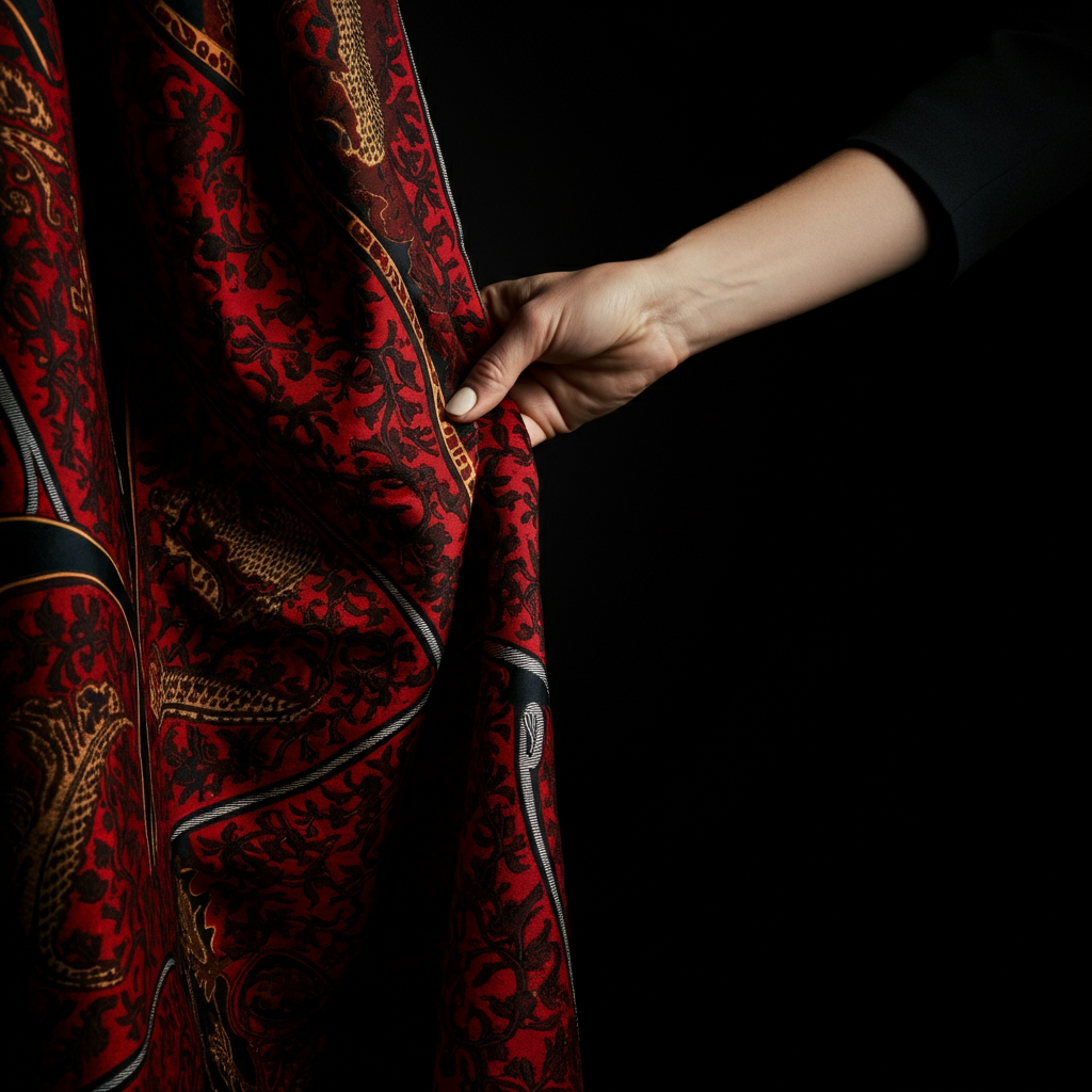 Close-up on a woman's hands carefully draping a red, black, and green patterned fabric as a table runner. The fabric is side-lit, showing its texture.