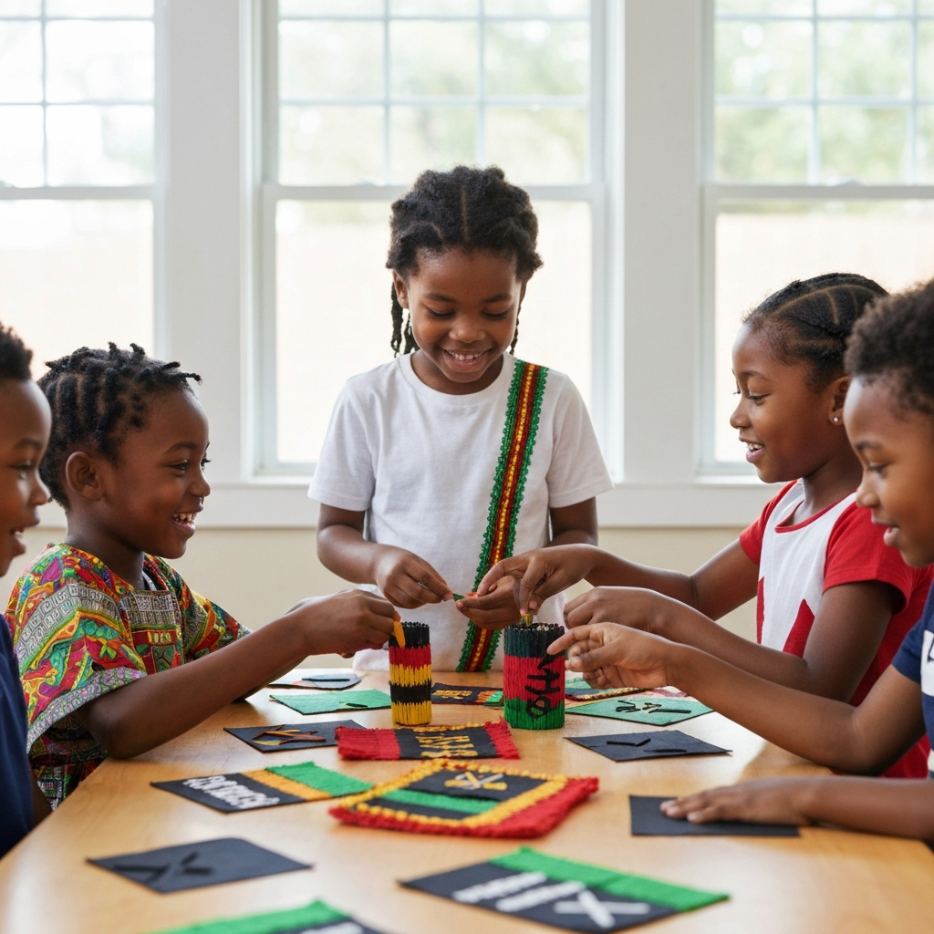 Children gathered around a table, laughing and engaged in a Kwanzaa-themed craft activity. The scene is brightly lit and focuses on the children's expressions.
