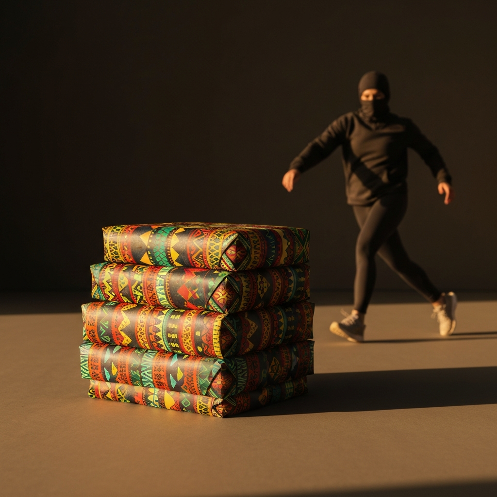 Stack of Zawadi wrapped in Kwanzaa-colored paper with African-inspired patterns. Soft light emphasizes the texture of the wrapping paper.