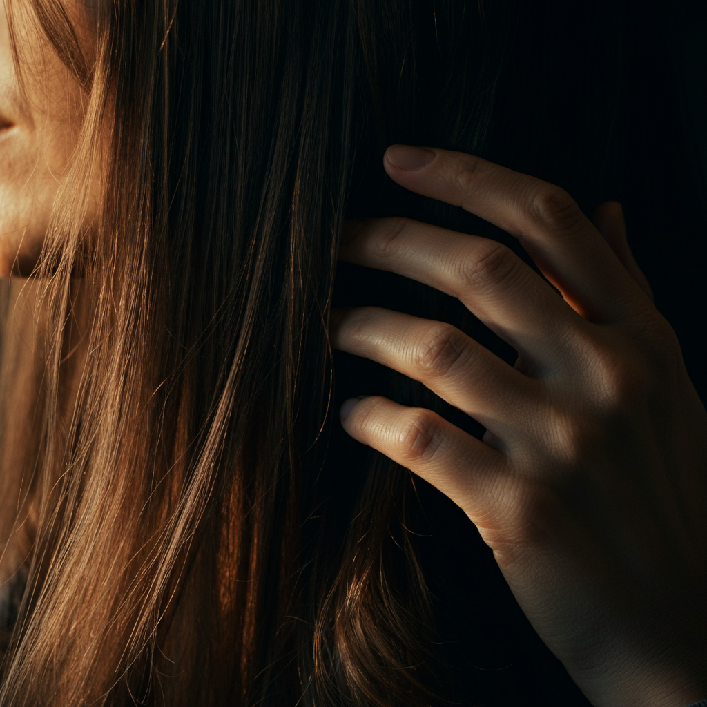 Close-up shot of a woman's hand gently touching her hair, with strands slightly dull and lacking shine, softly lit with golden hour lighting.