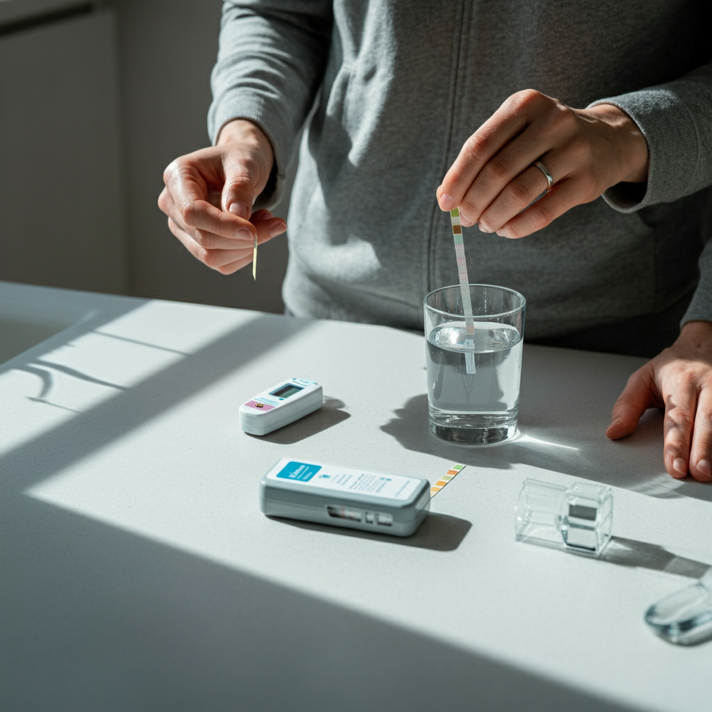 Overhead shot of a hard water test kit laid out on a clean countertop, with a person's hands dipping a test strip into a glass of water, natural light coming from a nearby window.