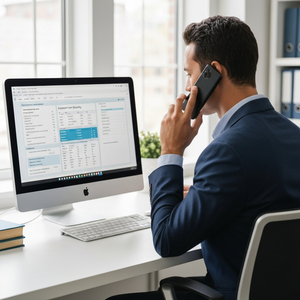Medium shot of a person on the phone, looking at a computer screen displaying a water quality report, in a brightly lit home office.