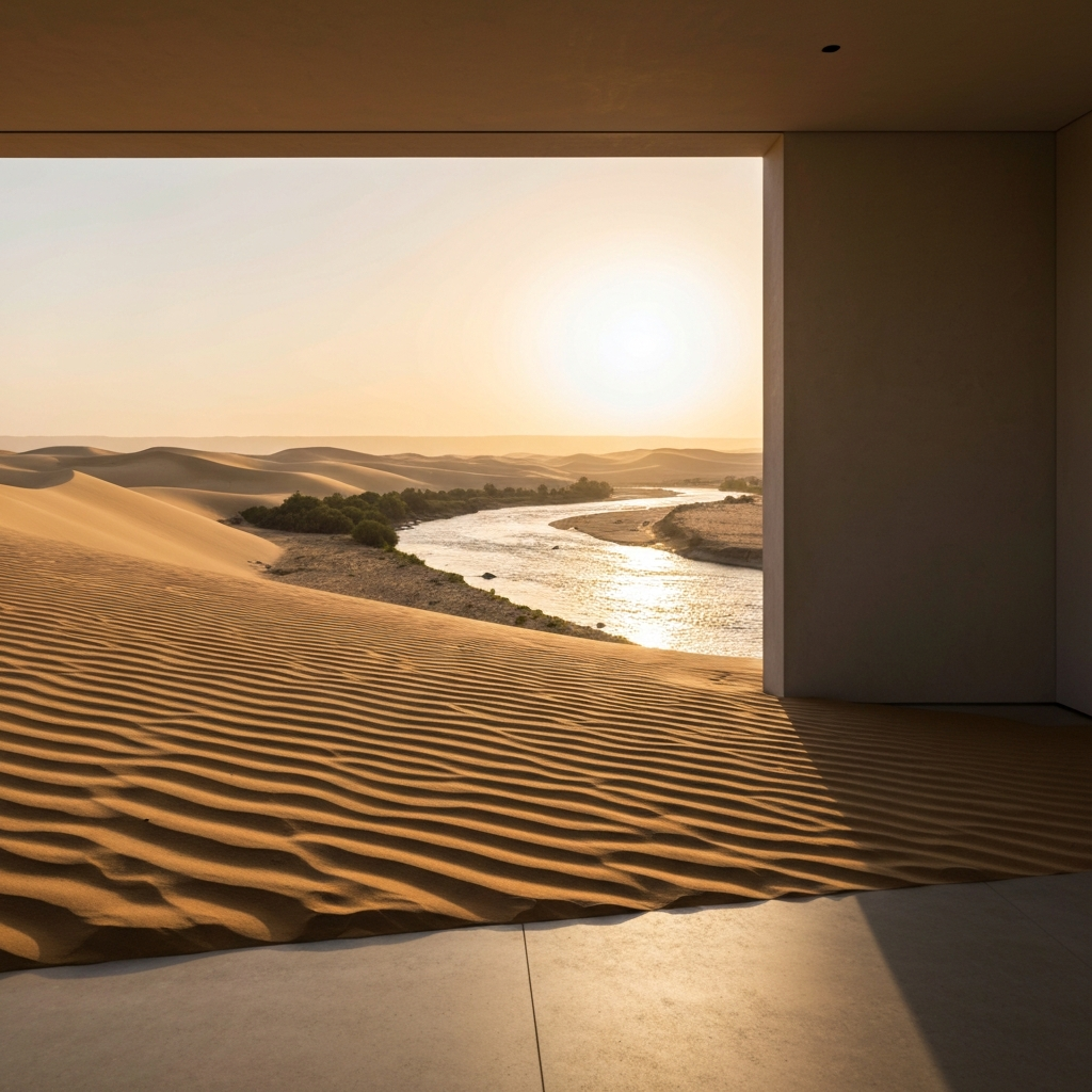 A landscape photograph showcasing the Nile River winding through the desert, bathed in the warm, golden light of sunrise. Sand textures are visible in sharp focus.