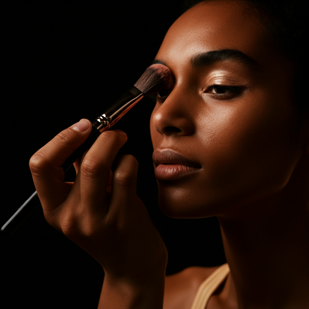 A makeup artist applying highlighter to the bridge of a model's nose in a well-lit studio. The model has warm skin tones, and the focus is on the subtle shimmer of the product.