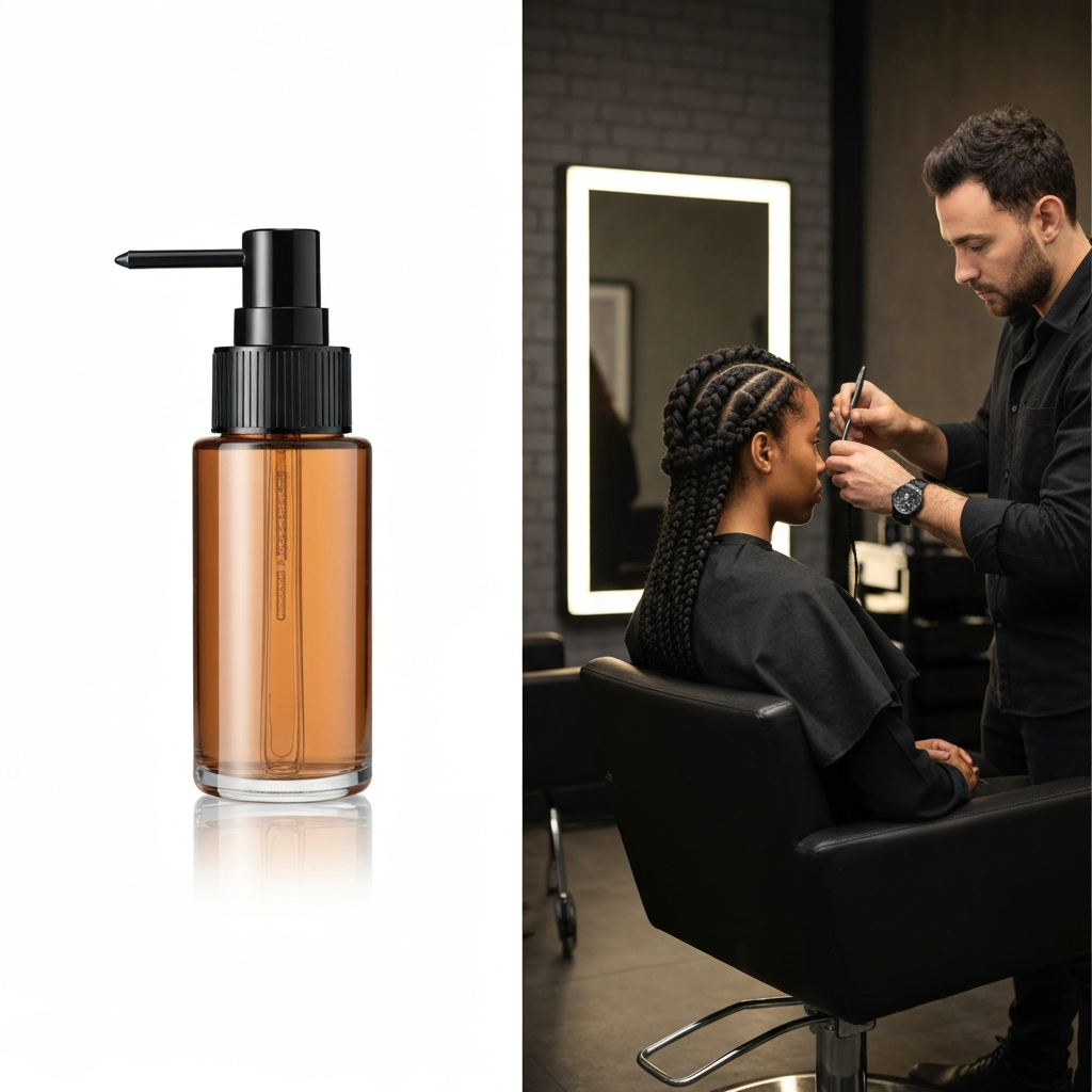 A stylist working on a client's hair in a modern salon. The client is sitting in a comfortable chair, and the stylist is meticulously braiding her hair into a beautiful Afro-centric style.