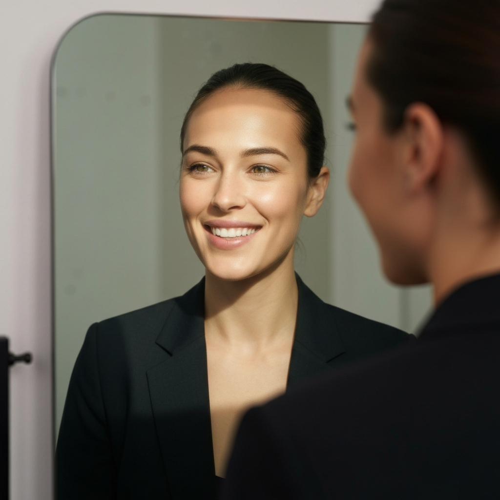 A person smiling confidently while looking at their reflection in a mirror. Soft, natural light illuminates their face, highlighting their features with a sense of pride and self-acceptance.