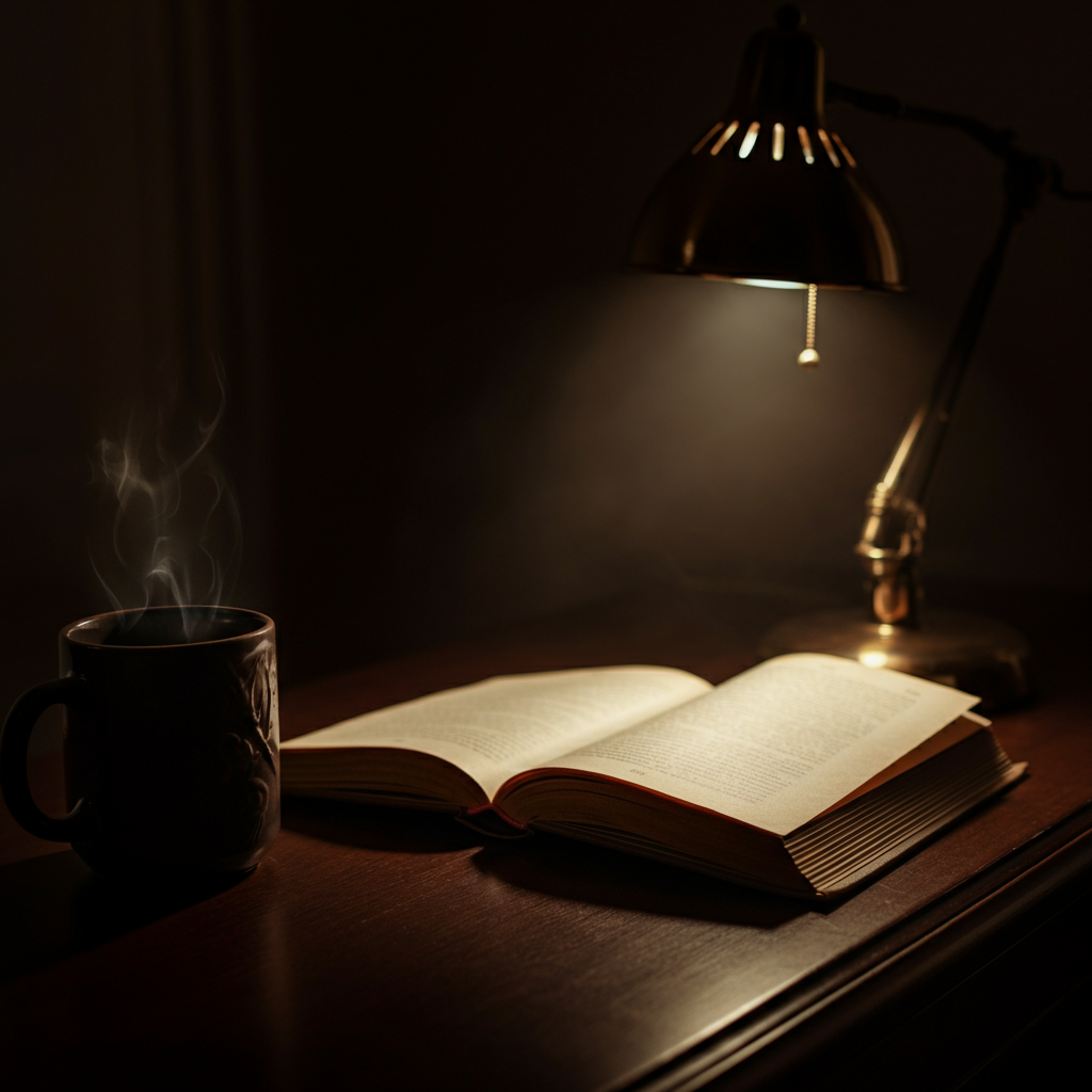 A softly lit study. An open book lies on a dark wood desk, a steaming mug of coffee beside it. The light catches the texture of the book's pages.