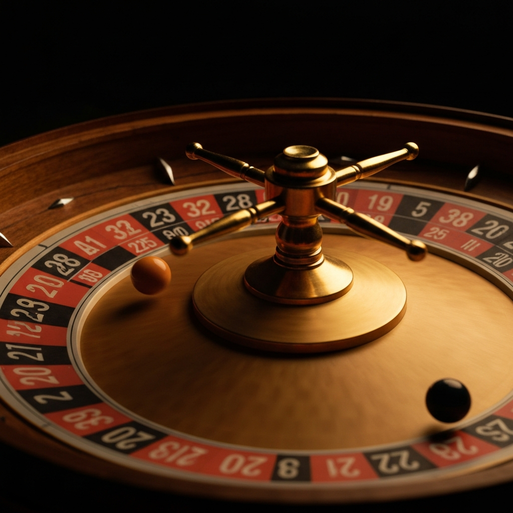 A close-up shot of a roulette wheel spinning, the ball a blur as it bounces between the numbers. The lighting is dramatic, highlighting the sense of chance and unpredictability.