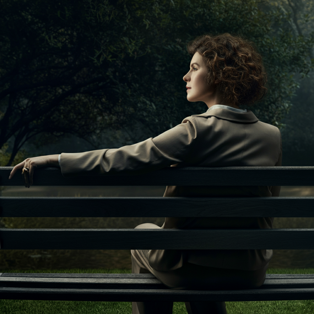 A person sitting on a park bench, looking out at the horizon with a thoughtful expression. The lighting is soft and melancholic, emphasizing the need for self-reflection.