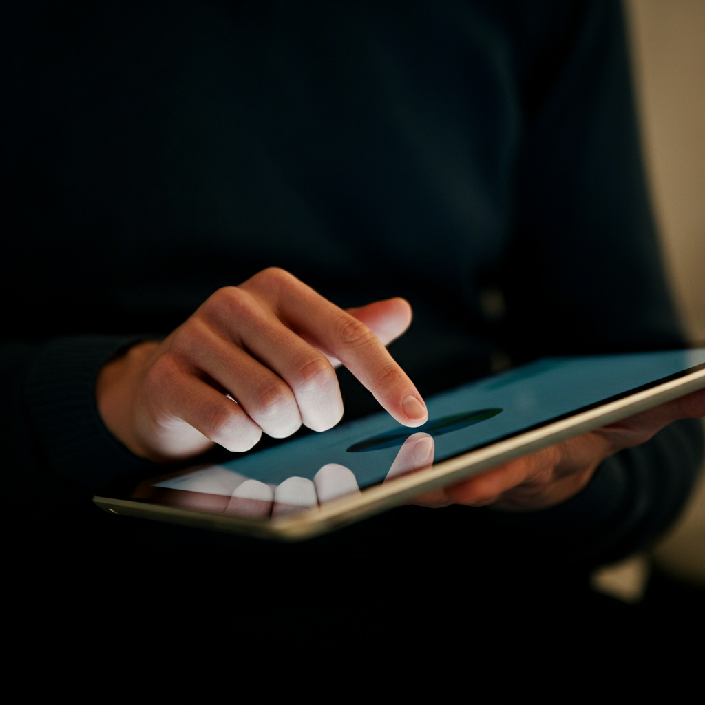 Close-up shot of a hand selecting an answer on a tablet screen. Soft, diffused lighting with a shallow depth of field, highlighting the texture of the tablet and the hand. The background is blurred.