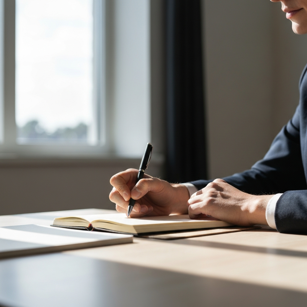 A person sitting at a desk, thoughtfully writing notes in a notebook with a pen. Natural light streams in from a window, side-lighting the scene. The notebook and pen are in sharp focus, with a soft bokeh in the background.