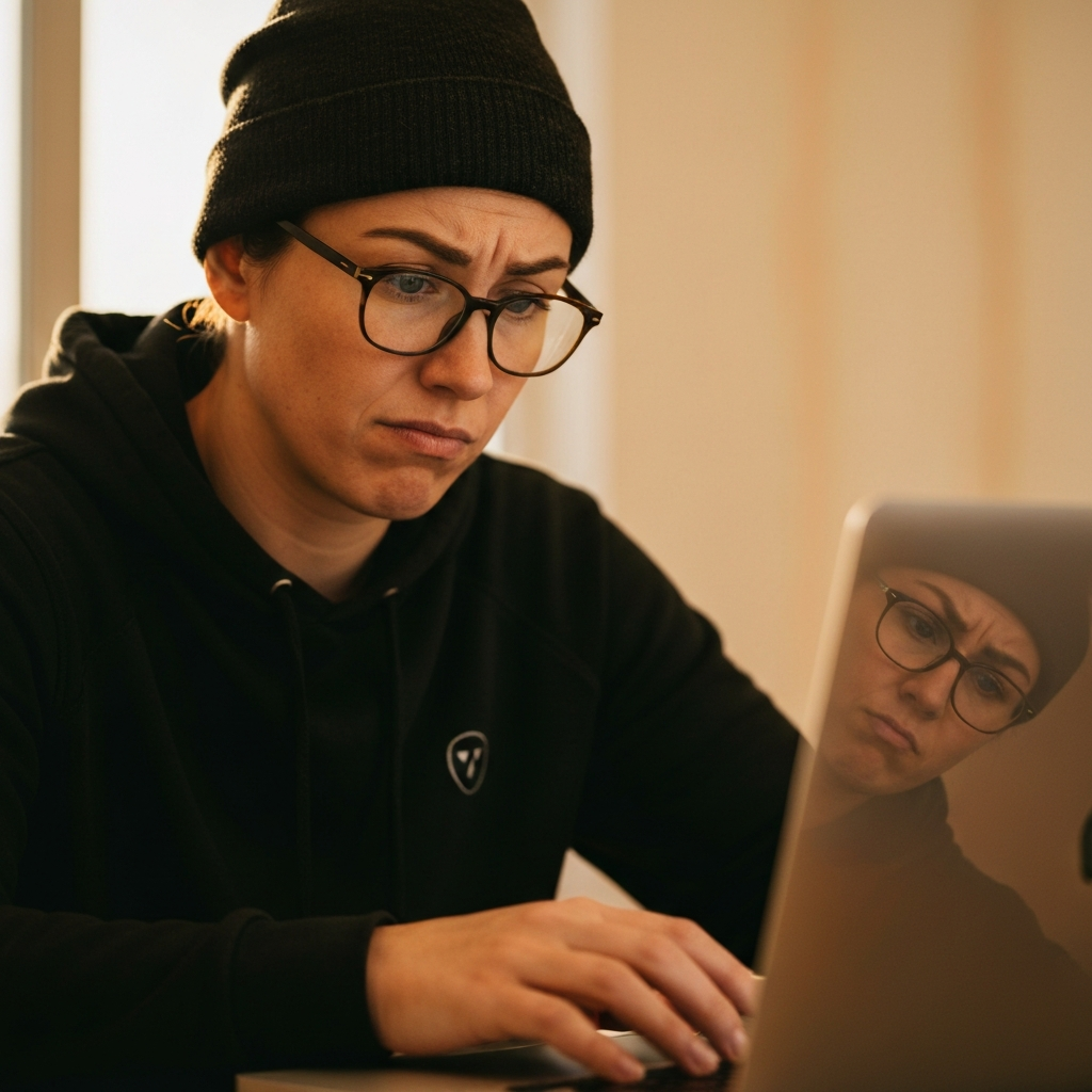 A person looking at a laptop screen with a slightly skeptical expression. The screen reflects in their glasses. The lighting is warm and inviting, with a focus on the person's face and the laptop.