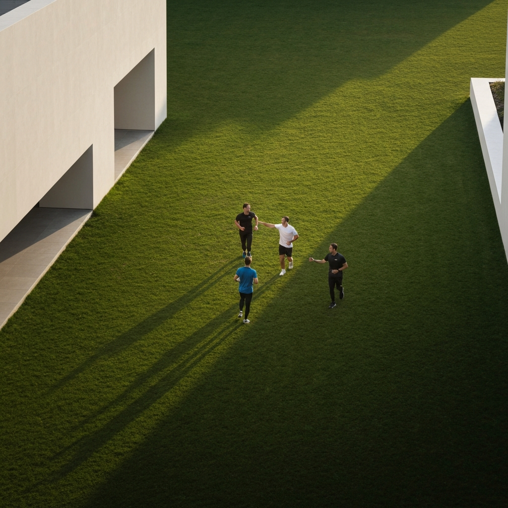 Overhead shot of a rectangular grassy field. Soft golden hour light highlights the slightly uneven texture of the grass. A few individuals in athletic wear are jogging along the perceived boundaries, gesturing to each other.