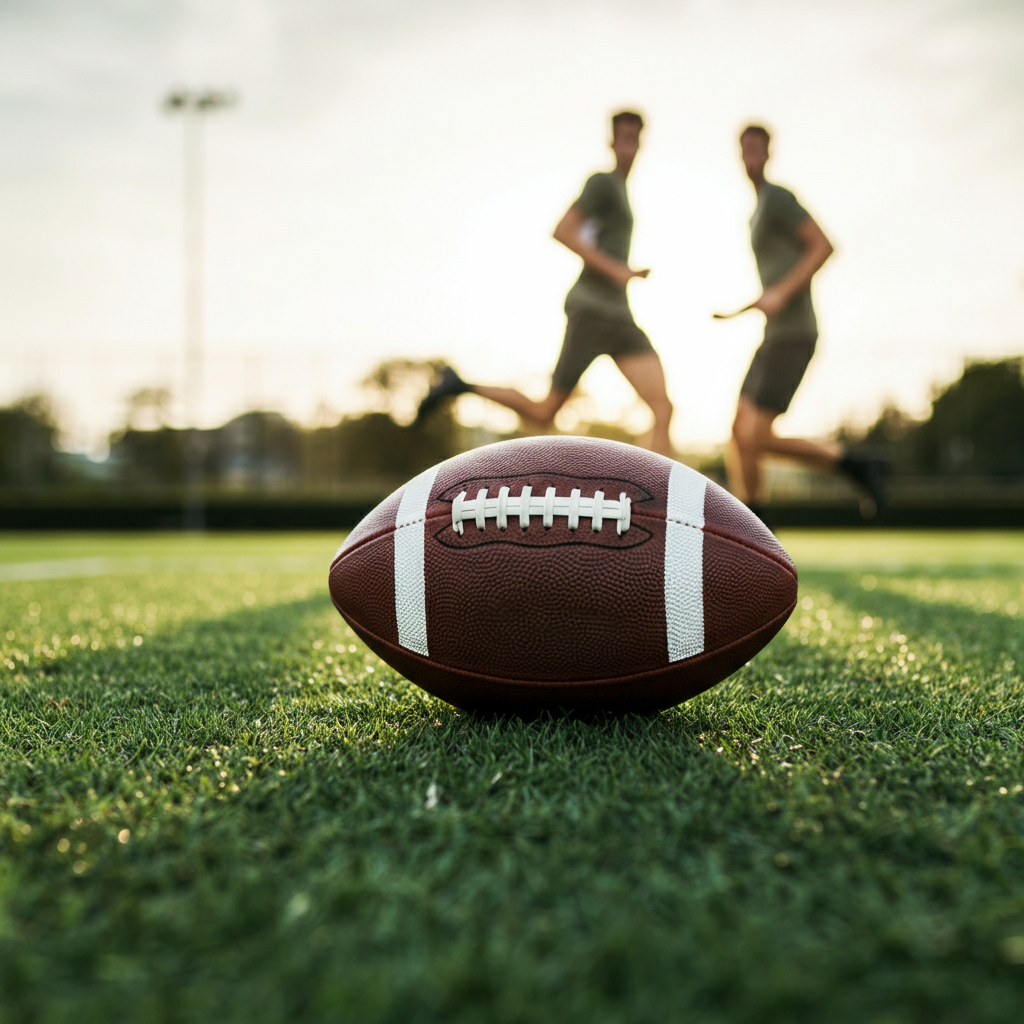 Eye-level shot of players in athletic clothing, blurred in motion, sprinting towards a football lying in the center of a sunlit field. Focus is on the ball, showing its texture and laces, with a shallow depth of field.
