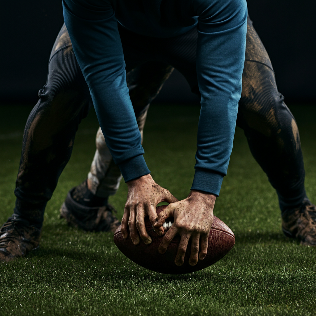 Close-up shot of two players wrestling for a football on a grassy field. Mud splatters are visible on their clothes. The focus is on the hands gripping the ball, showcasing the intensity of the struggle.
