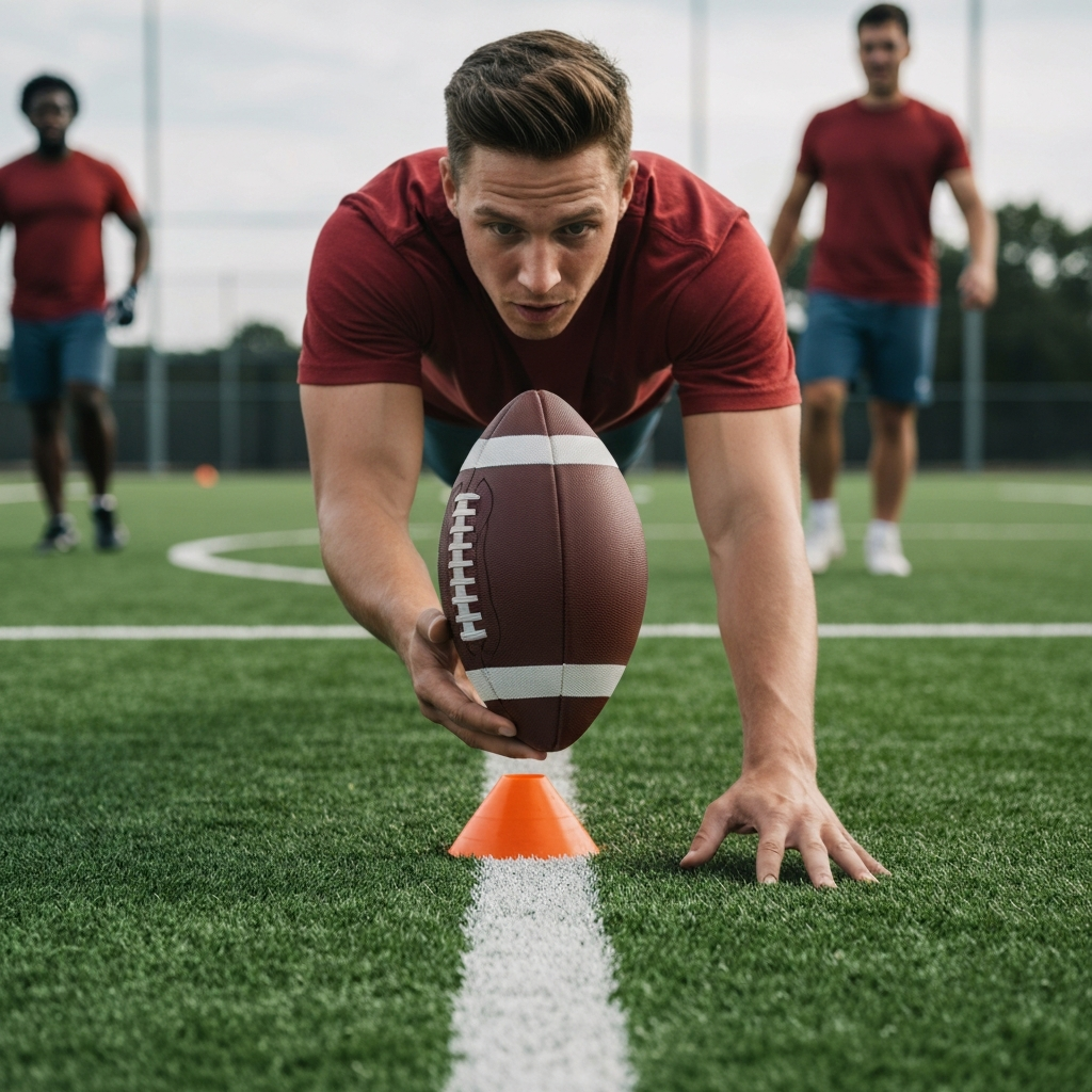 Low-angle shot of a player diving across a line marked by two orange cones, with a football extended in their hands. Soft bokeh in the background shows other players blurred in motion. Focus on the football and the outstretched hand.