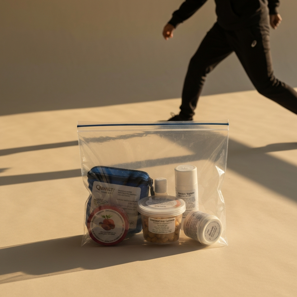 A quart-sized clear plastic bag placed on a flat surface, containing various travel-sized toiletries and small food containers. Soft shadows highlight the textures of the plastic and labels.