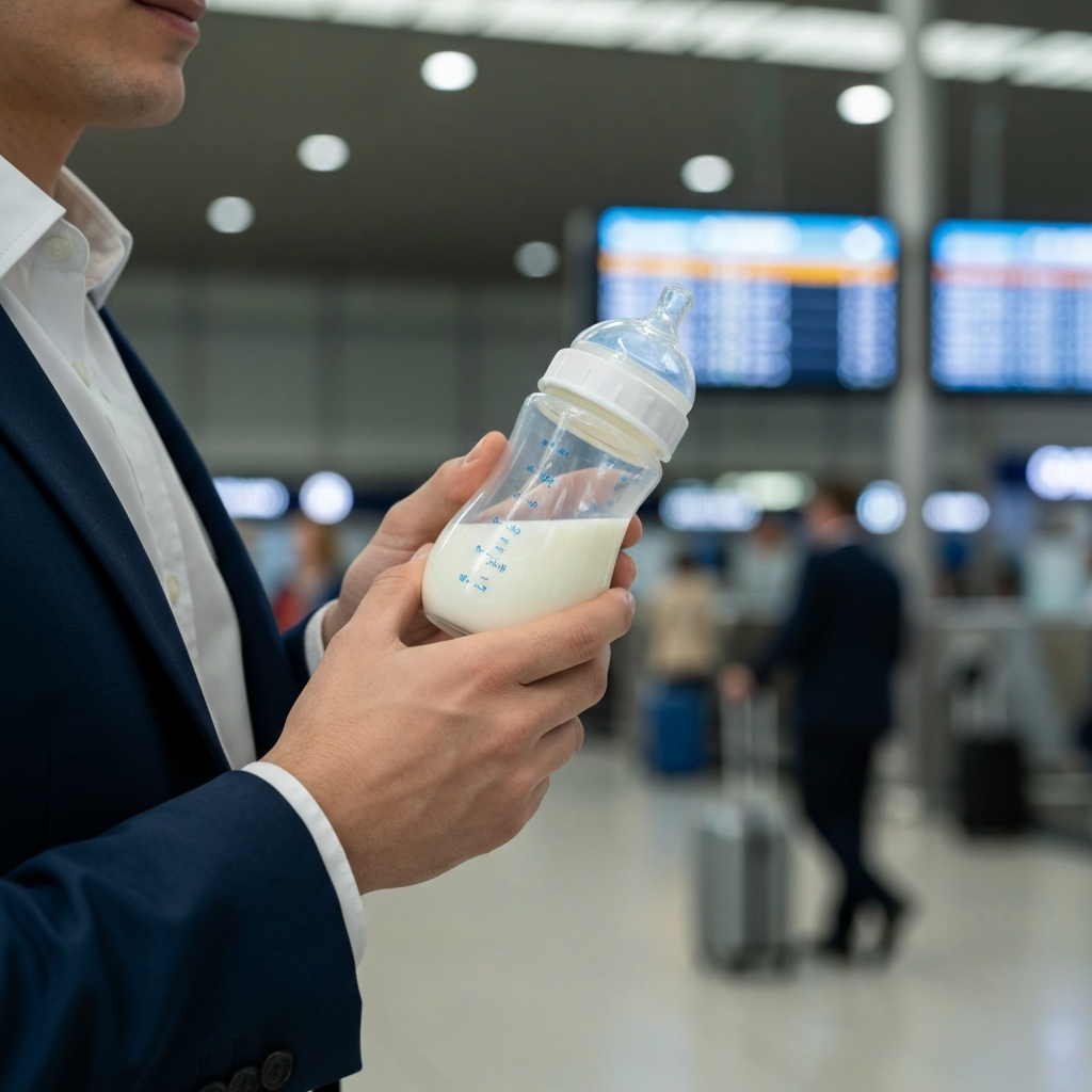 A parent holding a clear baby bottle filled with breast milk, while standing in a relaxed airport setting. Soft focus background with other travelers and flight information boards.