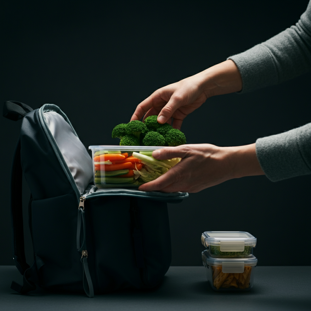 Hands carefully placing a clear container of cut vegetables into a backpack, with other clear containers of snacks visible. Soft, even lighting emphasizes the organization and cleanliness.