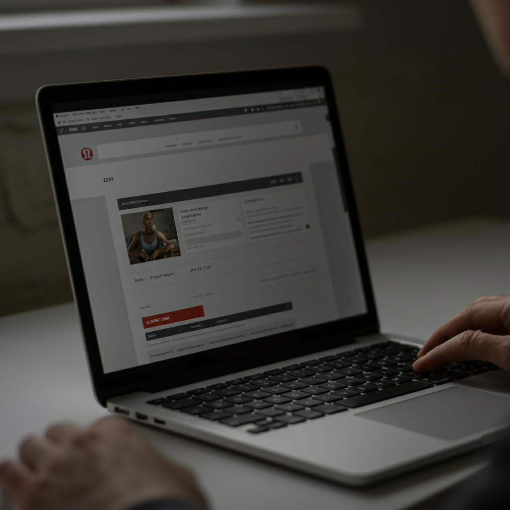 Close-up shot of a laptop screen displaying the Lululemon website's affiliate program page. Soft, diffused light illuminates the screen, showcasing the brand's minimalist aesthetic. The laptop rests on a clean, white desk.