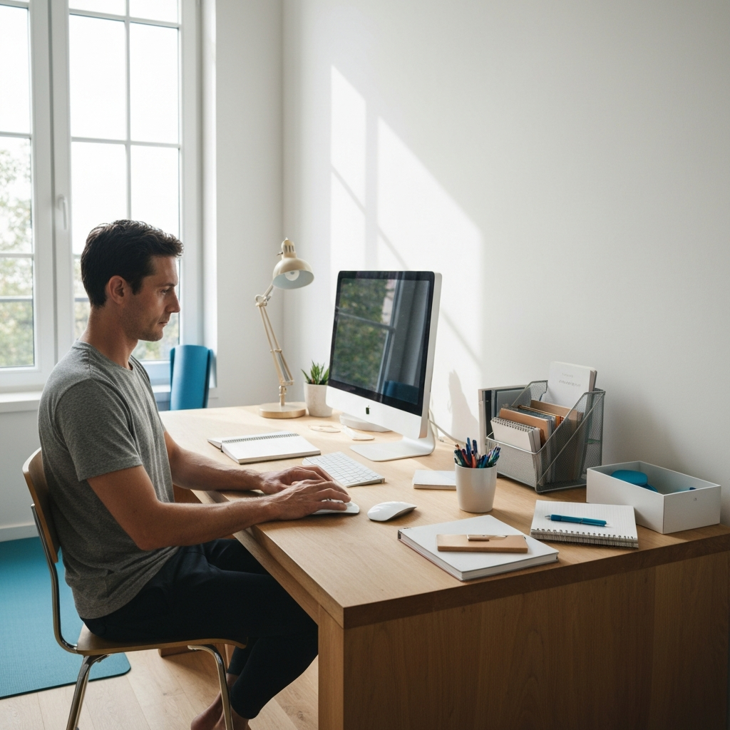 A blogger's workspace. A person is typing on a desktop computer, surrounded by neatly organized notebooks and pens. A yoga mat is visible in the corner of the room, suggesting a fitness-oriented lifestyle. Natural light streams through a nearby window.