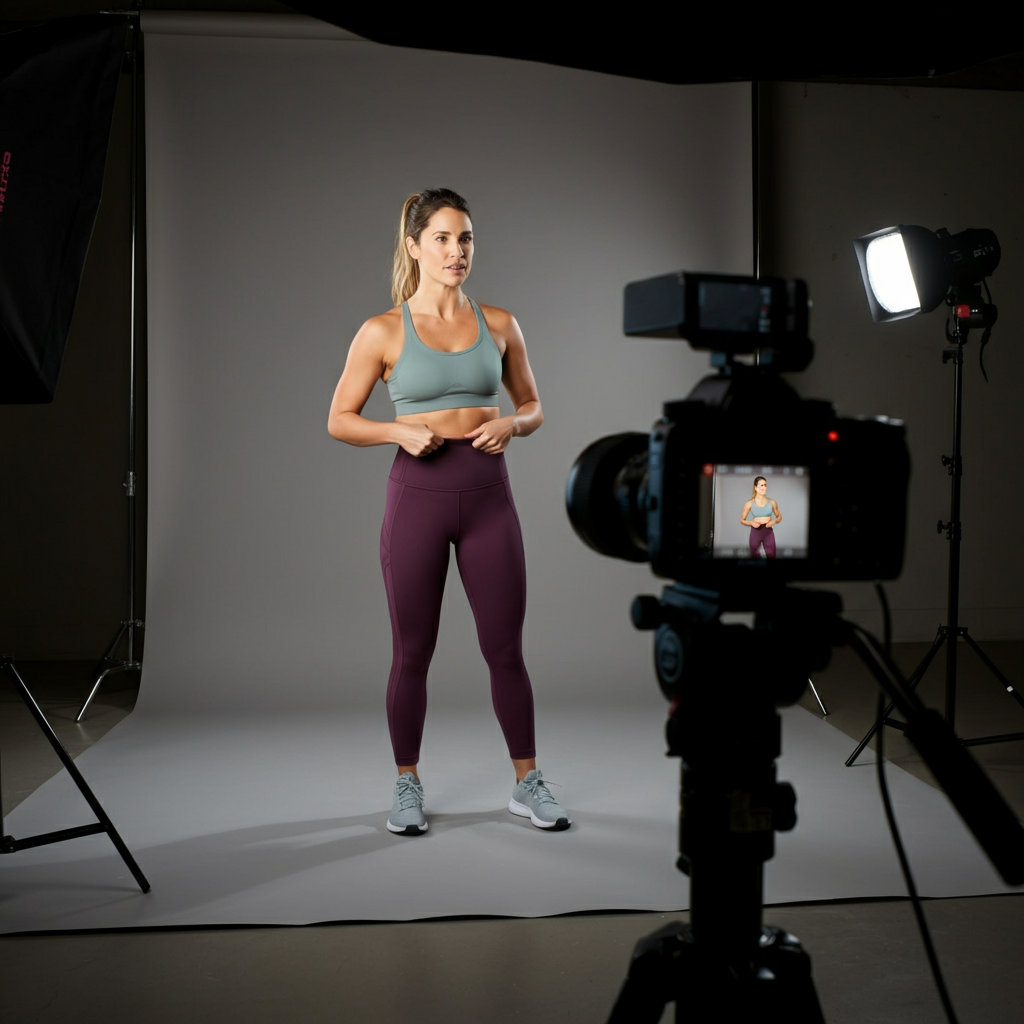 A woman in athletic wear is filming a video review of Lululemon leggings. She's standing in a well-lit studio with a clean backdrop. The camera focuses on her demonstrating the leggings' flexibility and fit. Soft bokeh blurs the background, keeping the focus on the subject.