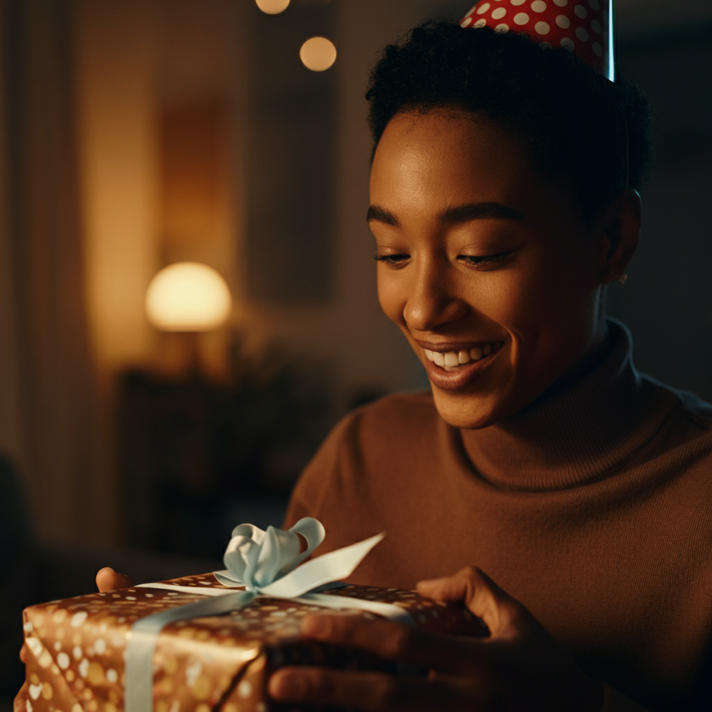 A warmly lit living room during a birthday celebration. Soft golden hour lighting bathes the scene. A person is smiling as they open a wrapped gift. Focus is on the wrapping paper texture and the genuine expression of surprise and gratitude on their face. Professionally staged with a shallow depth of field.