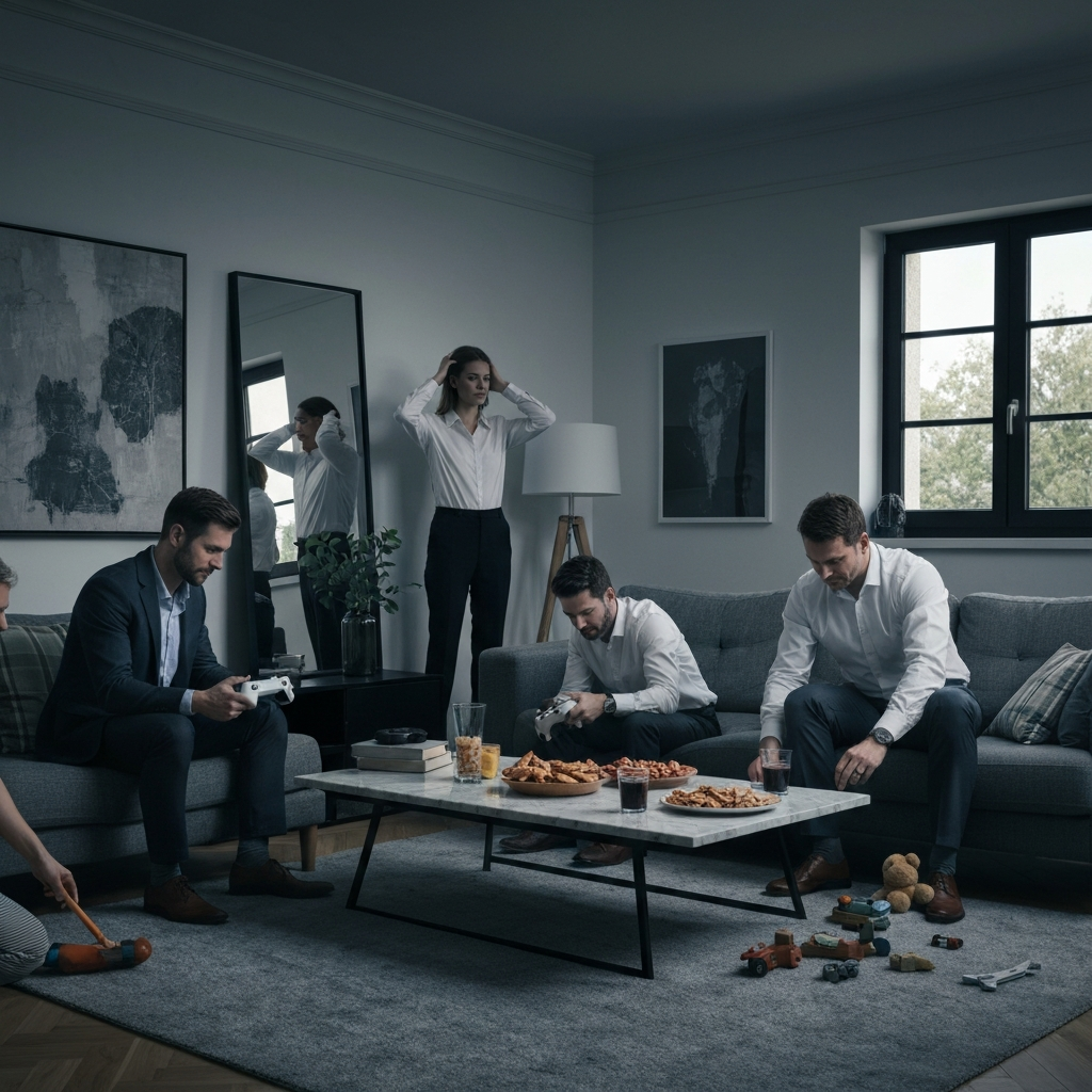 A living room being prepped for guests. One person is setting up a gaming console, another is adjusting their hair in a mirror, a third is arranging snacks on a coffee table, and a fourth is picking up scattered toys. The scene is dynamic and captures the various activities happening simultaneously. Balanced lighting with a slightly cool color temperature.