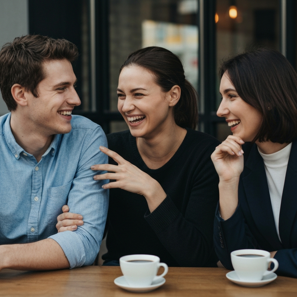 Three friends sitting together in a cafe, laughing and engaging in conversation. One friend is playfully teasing another, while the third is listening attentively. The scene is naturally lit, capturing the genuine camaraderie and relaxed atmosphere. Focus on the facial expressions and body language of the friends.