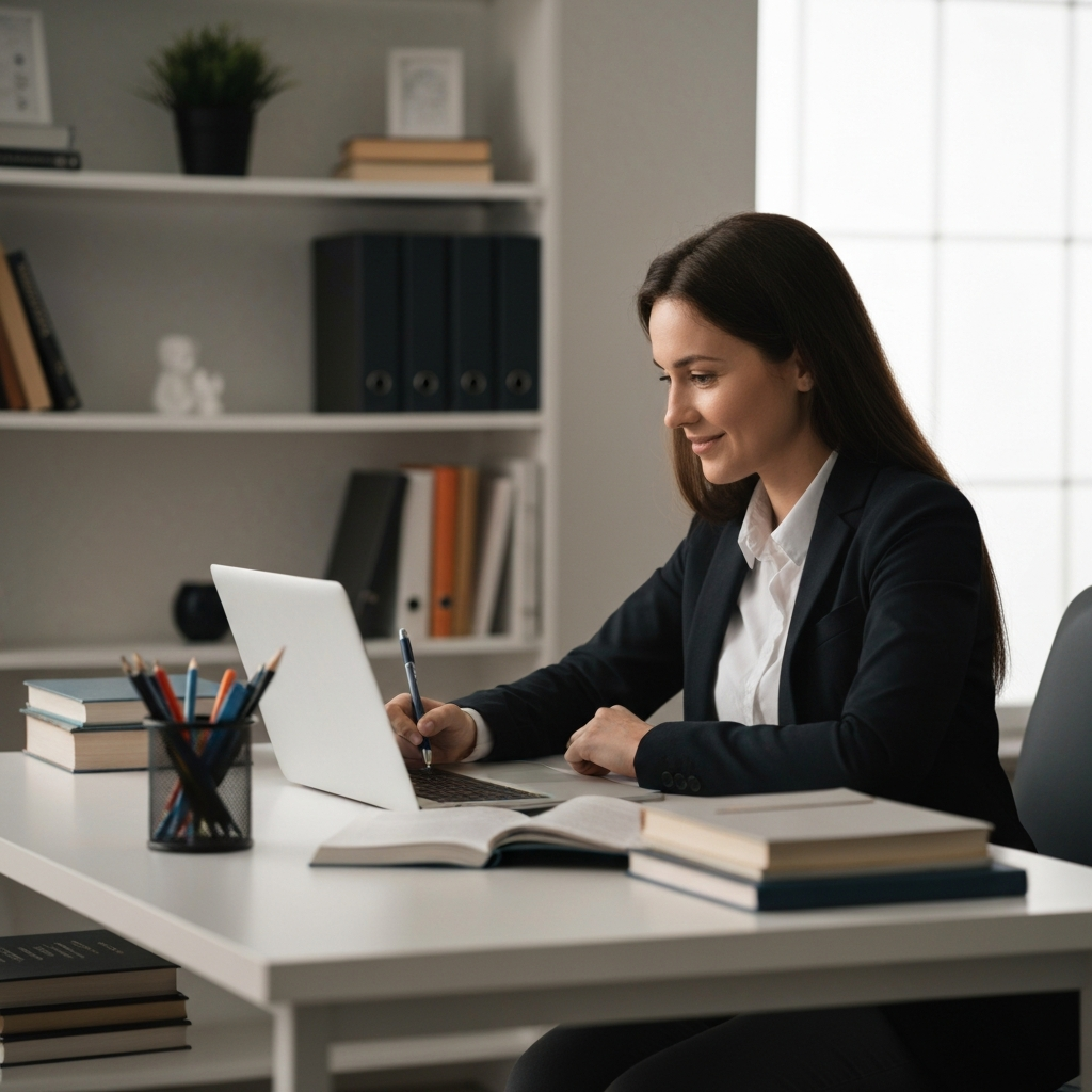 A person sitting at a desk, taking an online quiz on a laptop. The room is well-lit and organized, with books and stationery on the desk. The person is focused on the screen, with a slight smile on their face. Side-lit textures, medium shot.