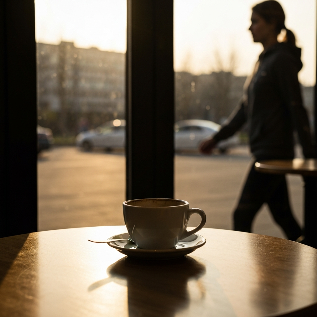 An empty cafe table with a half-finished cup of coffee. The scene is bathed in the warm, diffused light of a late afternoon sun. A blurry figure walks past the window in the background.