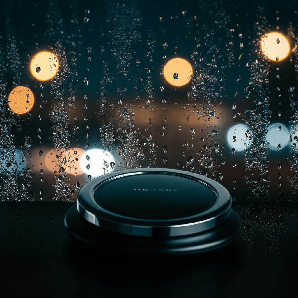 A close-up shot of rain droplets on a windowpane. The light is soft and diffused, creating a melancholic atmosphere. In the background, blurry city lights can be seen.